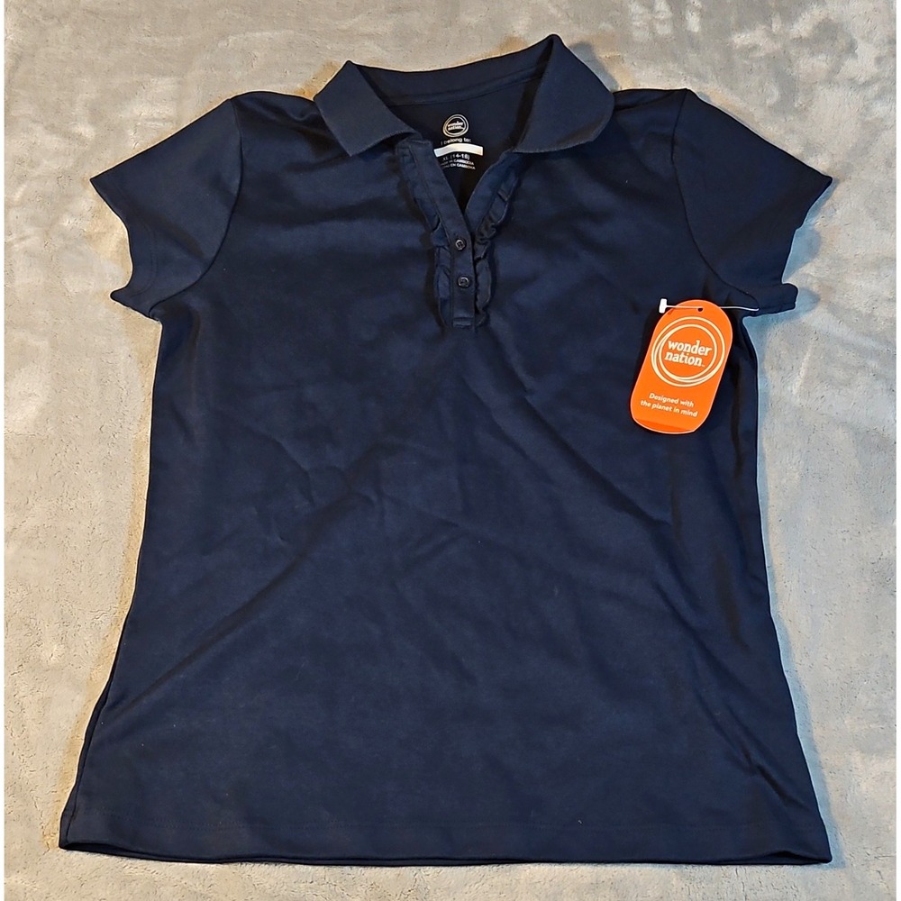 Wonder Nation Girls Navy Solid Polo Shirt XL (14-16) Short Sleeve Collared